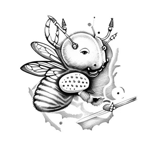 crossing sword and axe with a bee and halo ontop tattoo design idea