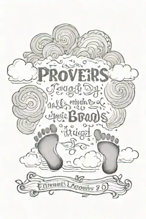 Proverbs 16:9 with clouds and tiny foot prints tattoo design idea