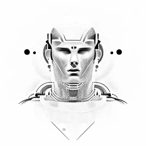 A futuristic robotic version of Cristiano Ronaldo playing soccer on a road made of circuit patterns tattoo design idea