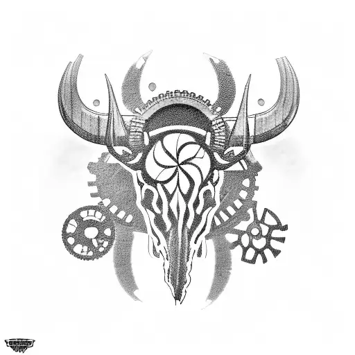 A blackwork tattoo of a buffalo skull with gears and cogs integrated into the design to symbolize the energy industry in Wyoming tattoo design idea