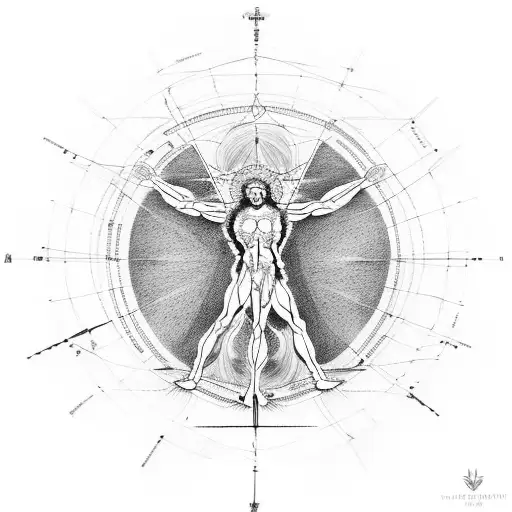 vitruvian man and two girlis tattoo design idea