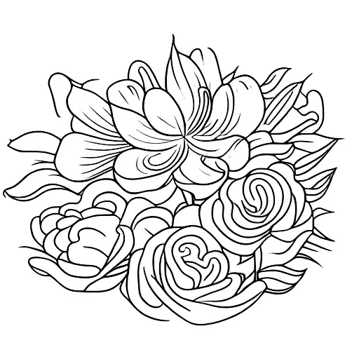 a bouquet with the flowers carnation, lily of the valley, aster and marigold tattoo design idea