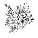 a bouquet with the flowers carnation, lily of the valley, aster and marigold tattoo design idea