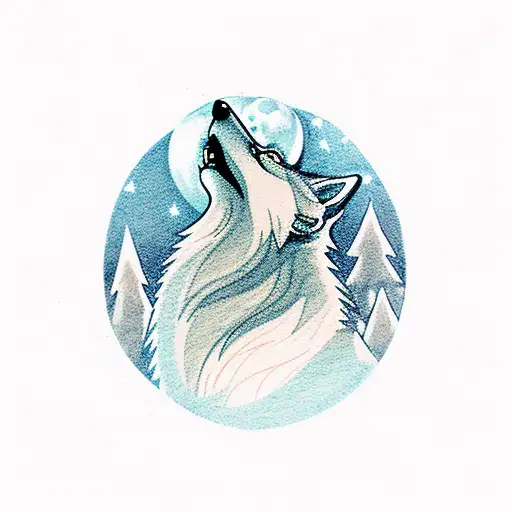 A wolf howling at the moon in a forest tattoo design idea