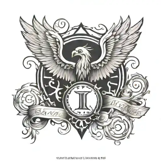 Flat Phoenix emblem crest tattoo filled in with black ink on the arm with Roman numerals and London Robinson written bla tattoo design idea