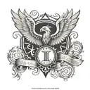 Flat Phoenix emblem crest tattoo filled in with black ink on the arm with Roman numerals and London Robinson written bla tattoo design idea
