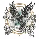 Flat Phoenix emblem crest tattoo filled in with black ink on the arm with Roman numerals and London Robinson written bla tattoo design idea