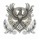 Flat Phoenix emblem crest tattoo filled in with black ink on the arm with Roman numerals and London Robinson written bla tattoo design idea