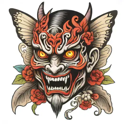butterfly japanese demon mask tattoo design idea
