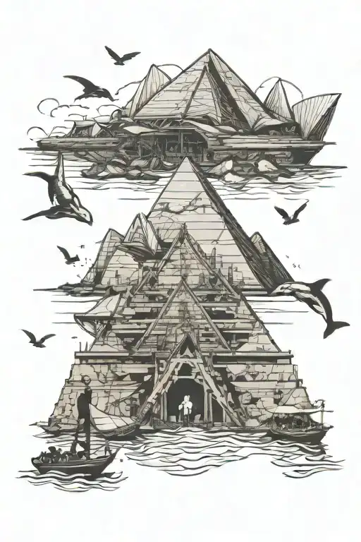 Sidney Opera house with Giza piramids and diver exploring shipwreck tattoo design idea