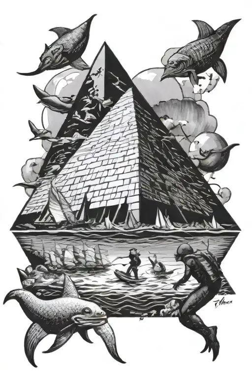 Sidney Opera house with Giza piramids and diver exploring shipwreck tattoo design idea