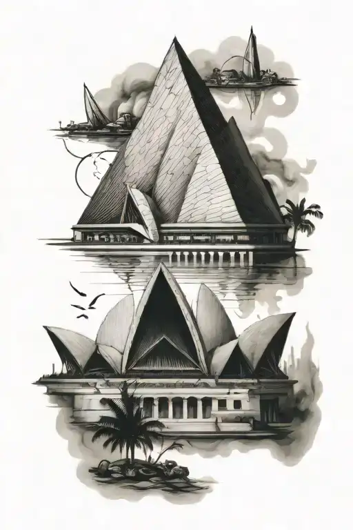 Opera house with piramids and dvier tattoo design idea