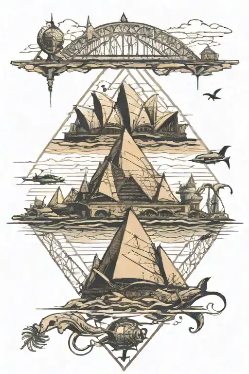 Sidney Opera house and Sidney bridge with Giza piramids to the side and scuba diver exploring shipwreck underwater  tattoo design idea
