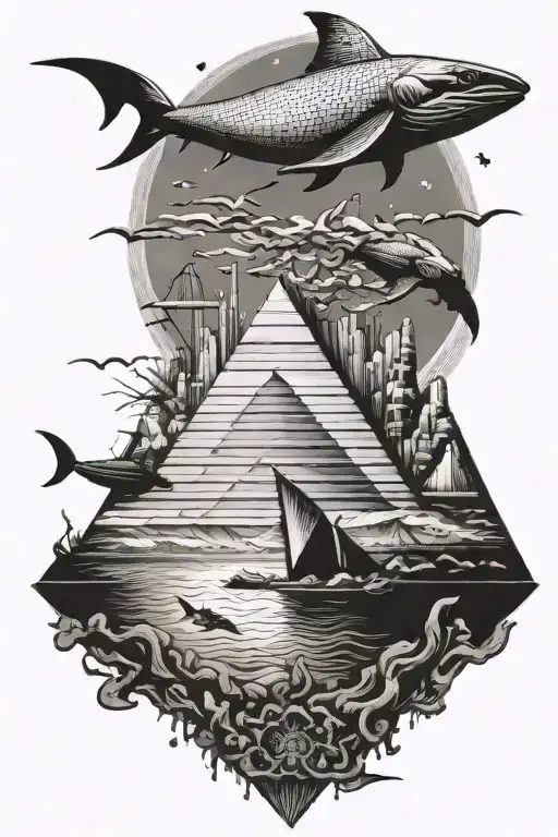 Sidney Opera house with Giza piramids and diver exploring shipwreck tattoo design idea