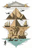 Sidney Opera house and Sidney bridge with Giza piramids to the side and scuba diver exploring shipwreck underwater  tattoo design idea