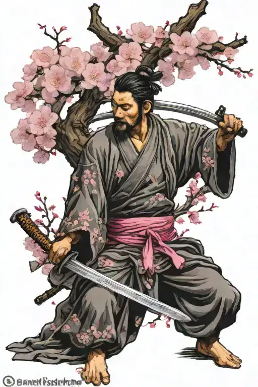 sleeping ronin with katana under a large pink cherry blossom tree tattoo design idea