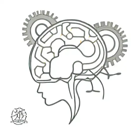 A minimalist tattoo design of a brain with gears and cogs inside, representing your occupation in the IT field and your love for intellectual pursuits tattoo design idea