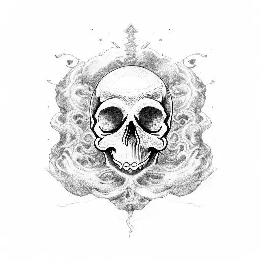 A skull surrounded by swirling dark clouds with gothic lettering beneath tattoo design idea