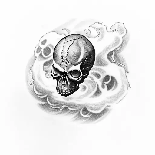 A skull surrounded by swirling dark clouds with gothic lettering beneath tattoo design idea
