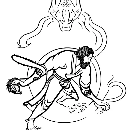 A fantasy scene with a jiu jitsu warrior battling a mythical creature tattoo design idea