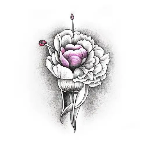 beautiful and colorful fine line human molar tooth with tulips and peonies  on the right half part artwork  tattoo design idea