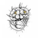 beautiful and colorful fine line human molar tooth with tulips and peonies  on the right half part artwork  tattoo design idea