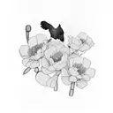 The Franklin mountains of El Paso covered in golden poppies in the background, with lantanas, cacti, and turkey vulture tattoo design idea