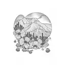 The Franklin mountains of El Paso covered in golden poppies in the background, with lantanas, cacti, and turkey vulture tattoo design idea