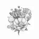 The Franklin mountains of El Paso covered in golden poppies in the background, with lantanas, cacti, and turkey vulture tattoo design idea