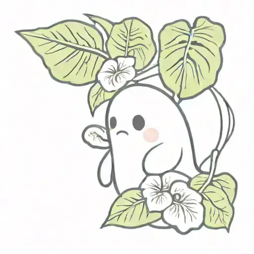 cute ghost with monstera, hibiscus, taro leaf tattoo design idea