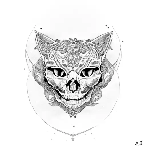 skull cat heart  tattoo design idea