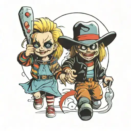 Chucky, bride of chucky ,scream, it the clown , Freddy Krueger saw and Texas chainsaw  tattoo design idea
