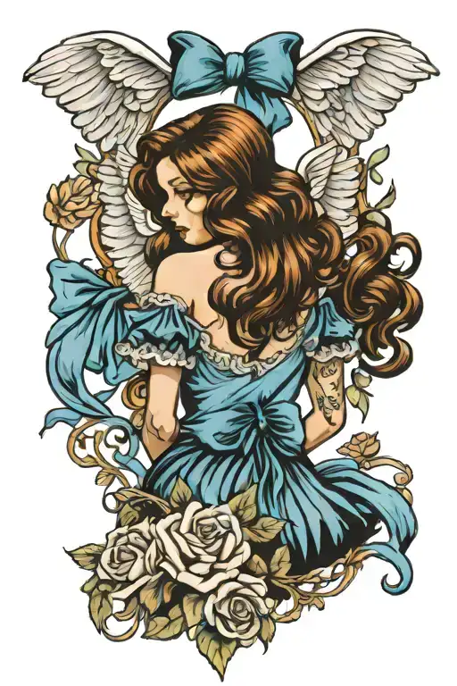 Angel with blue chiffon bow falling tattoo design idea