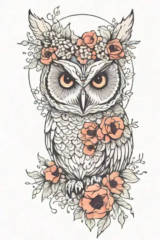 boho owl flower crown surrounded by poppies blooming tattoo design idea