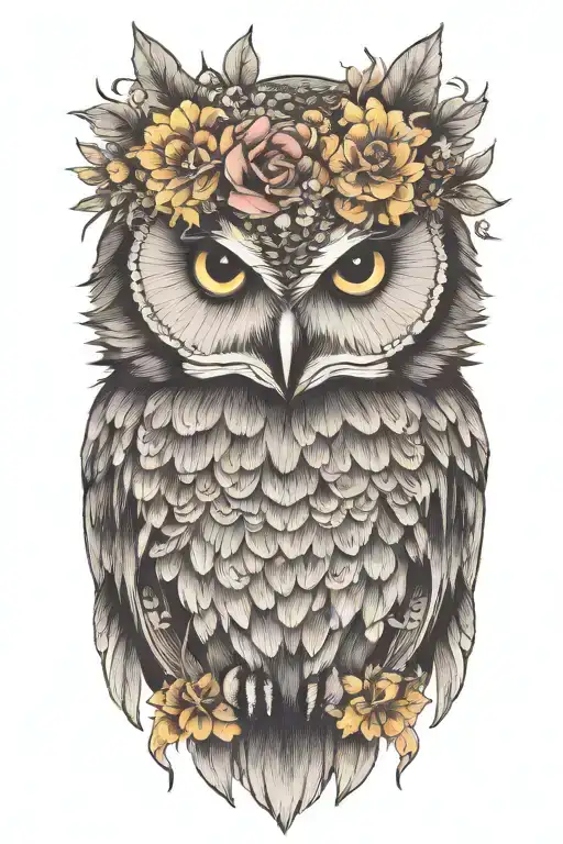 owl wearing wildflower crown tattoo design idea