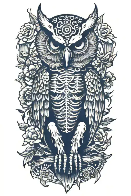 skeleton owl sitting tattoo design idea