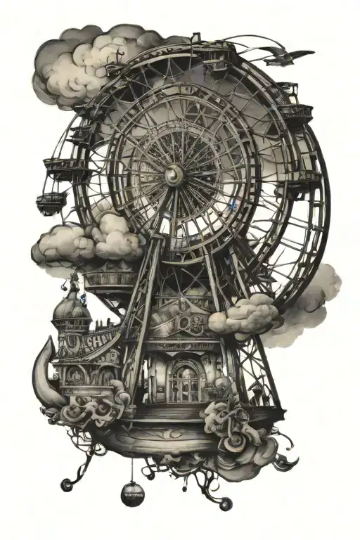 wide carousel ferris wheel in background looking through lens tattoo design idea