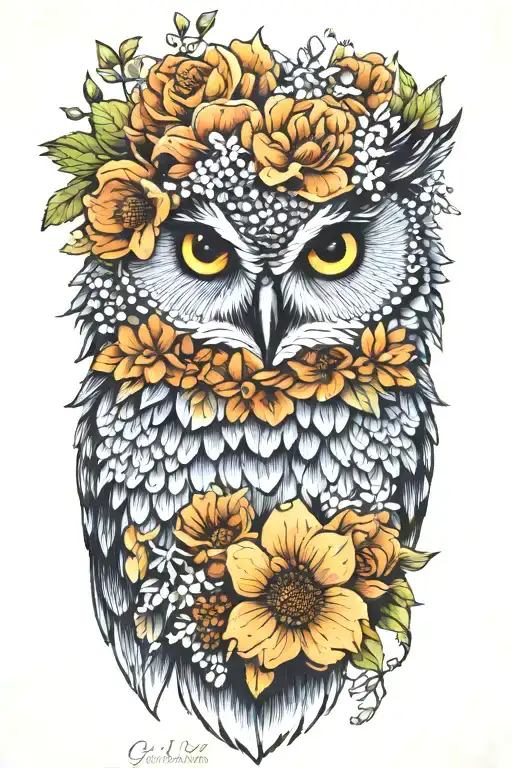 owl wearing wildflower crown tattoo design idea