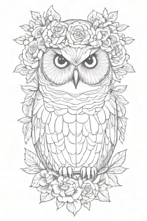 delicate owl wearing flower crown  tattoo design idea