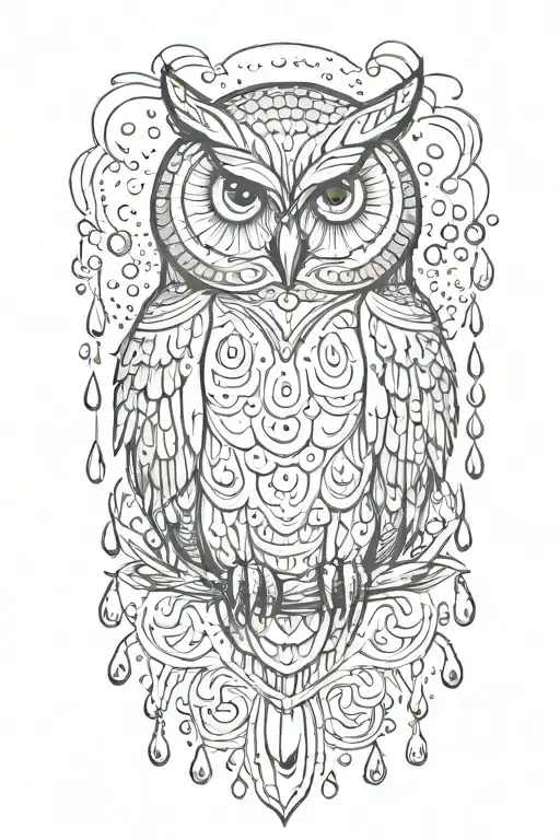 owl surrounded by rain drops tattoo design idea