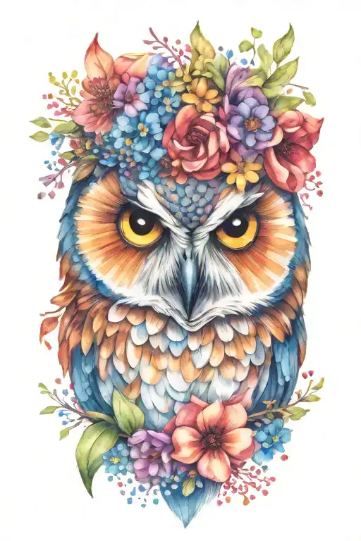 owl wearing wildflower crown tattoo design idea