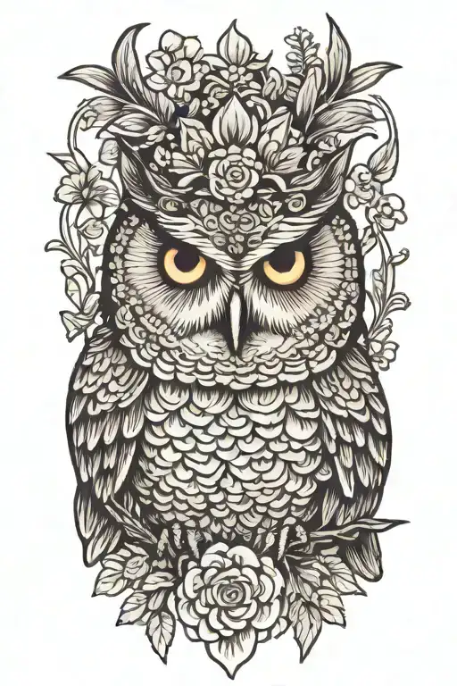owl wearing wildflower crown tattoo design idea
