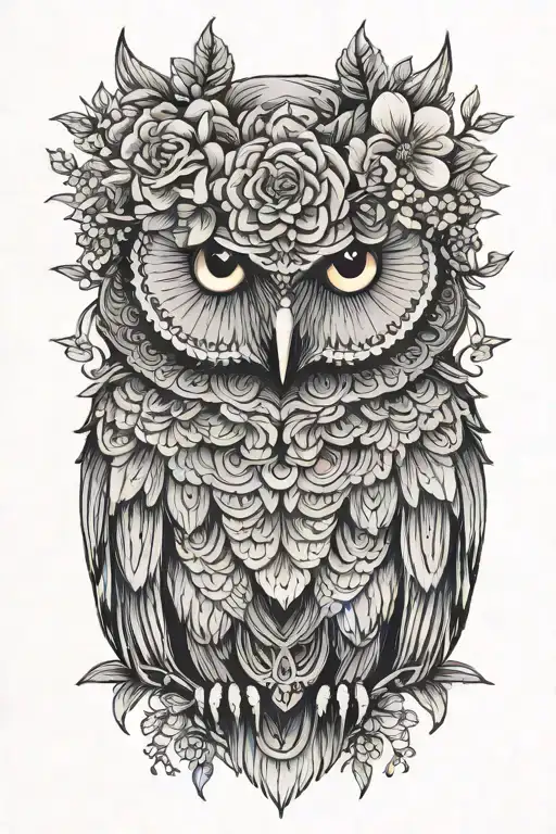 owl wearing wildflower crown tattoo design idea