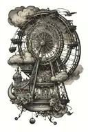 wide carousel ferris wheel in background looking through lens tattoo design idea