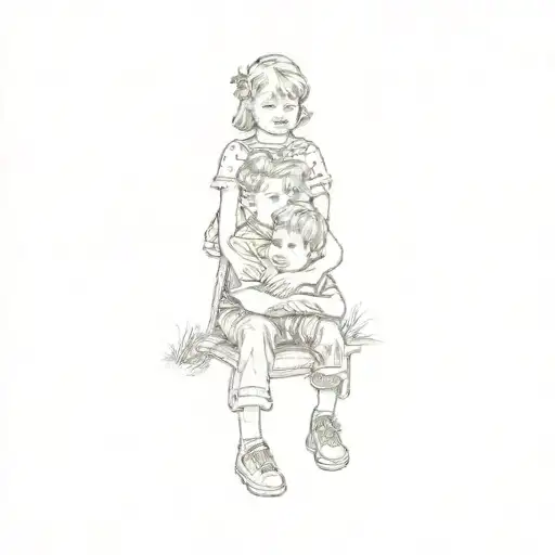 three children sitting on a chair in a field tattoo design idea