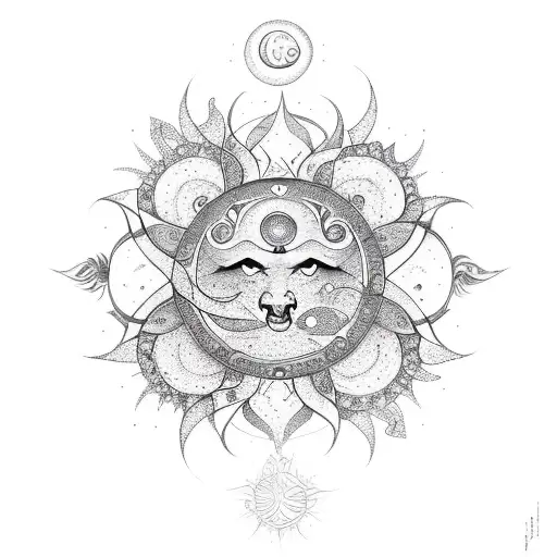 Flowes with a moon, a sun, stars and taurus symbol tattoo design idea