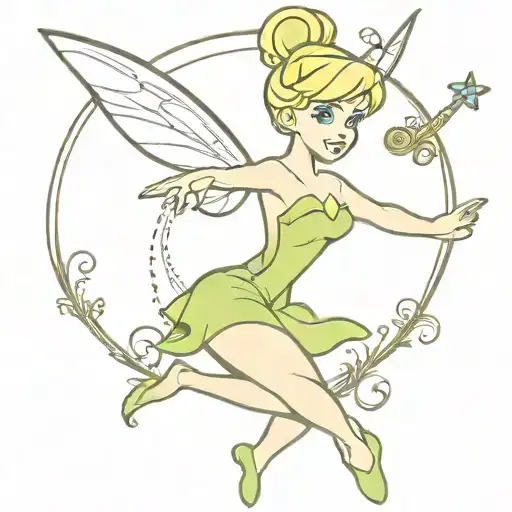 Create me a stencil for a tattoo of: Tinkerbell in minimalist style holding her wand up This wand tattoo design idea