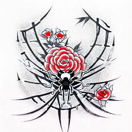 roses and spiders and web and blood tattoo design idea