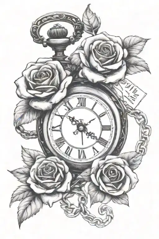 A pocket watch with Roman numeral dates intertwined with a red rose tattoo design idea