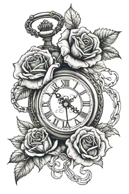A pocket watch with Roman numeral dates intertwined with a red rose tattoo design idea